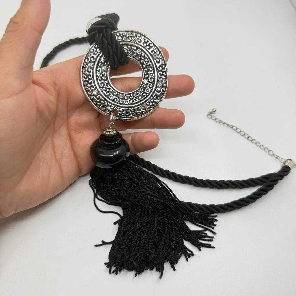 Necklace Vintage Black Cord Tassel Silver Tone Rhinestone Circle Pendant Boho